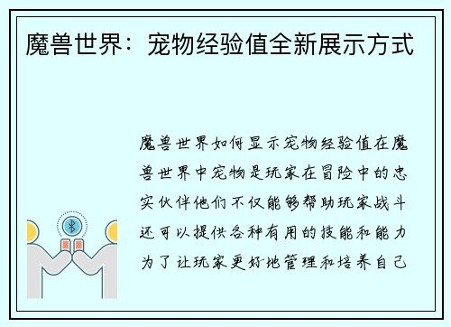 魔兽世界：宠物经验值全新展示方式